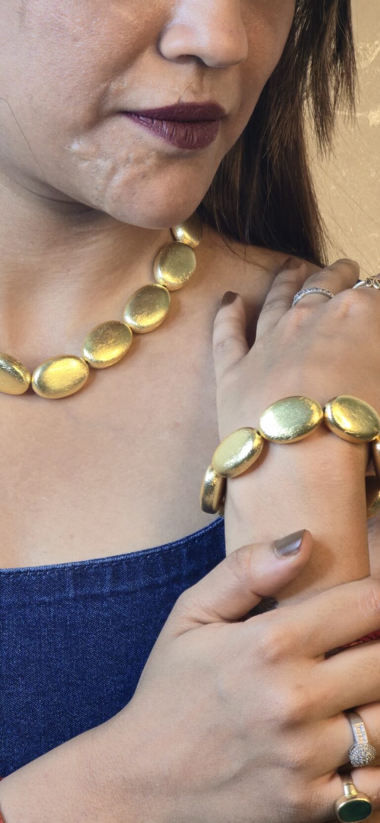 Boho chic gold disc necklace and bracelet